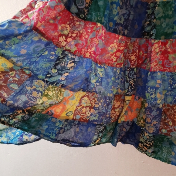 La Cera patchwork floral boho tiered drawstring midi cotton skirt, size Small - Picture 5 of 6
